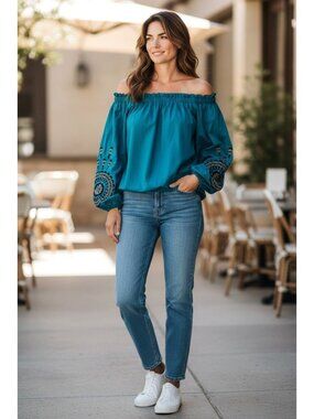 Ryu Off-Shoulder Embroidered Blouse Teal Top M 100% Cotton Boho Chic Stylish NWT